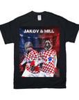Black Gildan t-shirt with a custom graphic of two dogs, Jakov & Mill, in Croatian soccer jerseys.