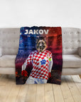 Personalized pet blanket with a German Shepherd in a Croatian soccer uniform, red and blue background, and "JAKOV" text.