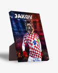 Personalized pet standing canvas featuring a dog in a red and white checkered Croatia soccer jersey with "JAKOV" above.