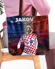 Personalized tote bag with a custom dog portrait in a Croatia soccer uniform, name "JAKOV" above.