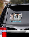 Custom 3 pet dog decals on a black car window, featuring a cartoon style and "Tell Your Dog We Said Hi" text.