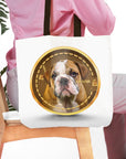 Custom white tote bag with a personalized crypto-style portrait of a bulldog puppy named Frank.