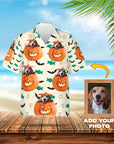 Custom Hawaiian shirt with a beagle in a Halloween pumpkin design, bats, and skulls.