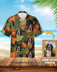 Custom Hawaiian shirt, Lush Moss, with Bernese Mountain Dog pet portraits and tropical leaves.