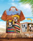 Custom Hawaiian shirt with two bulldog pet portraits in sombreros and ponchos, desert background.