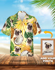 Custom tropical yellow Hawaiian shirt with personalized pug portraits, pineapples, and palm leaves.