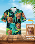 Custom Hawaiian shirt with a verdant green tropical leaf pattern and multiple portraits of a happy brown dog.