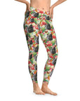 Custom leggings with a "Flamingo Paradise" pattern featuring multiple gray cat faces, pineapples, and flamingos.