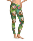 Custom leafy green leggings with a tropical print and multiple Cavalier King Charles Spaniel faces.