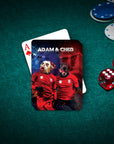 Personalized playing card featuring two dogs in red soccer jerseys, "Adam & Ched" text, on a green poker table.