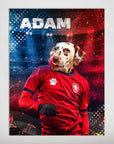 Personalized 'Czech Doggos Soccer' poster featuring a Dalmatian in a red jersey, licking its nose.