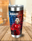 Personalized stainless steel tumbler with a custom Dalmatian pet portrait in a red soccer uniform.