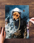 Personalized pet puzzle featuring a dog in a black hoodie and gold chain, styled as a rapper.