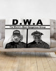 Personalized D.W.A. "Doggos with Attitude" pet portrait blanket featuring two dogs in black and white.