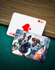 Custom playing cards featuring two personalized dog portraits in football uniforms on a green felt table.