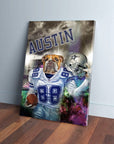 Personalized 'Dallas Doggos' pet canvas featuring a bulldog in a Cowboys uniform with "AUSTIN" and a helmet.