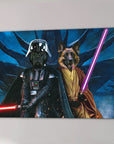 Personalized canvas featuring two dogs as Darth Vader with a red lightsaber and a Jedi with a purple lightsaber.