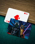 Personalized playing cards featuring a custom pet portrait of a dog as Jedi-Doggo and Darth Woofer.