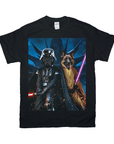 Black Gildan t-shirt featuring a personalized graphic of two dogs dressed as Darth Vader and a Jedi with lightsabers.