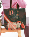 Personalized 'Darth Woofer' tote bag with a custom pet portrait of a French bulldog as Darth Vader.