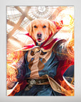 Golden Retriever as Dawgtor Strange, wearing a blue and red cape, casting glowing orange magic.