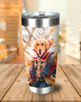 Personalized stainless steel tumbler with a Golden Retriever pet portrait as Dawgtor Strange.