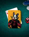 Personalized 'Deadpaw' playing card featuring a Boston Terrier dog in a superhero costume, on a green felt table.