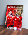 Personalized 'Denmark Doggos' canvas featuring two dogs in red soccer jerseys with names "Oliver & Molly".