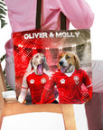 Personalized 'Denmark Doggos' pet tote bag featuring two dogs in red soccer jerseys.