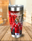 Personalized stainless steel tumbler with a custom beagle dog portrait in a red soccer uniform.
