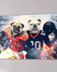 Personalized 'Denver Doggos' canvas featuring a pug and bulldog in football uniforms on a smoky field.