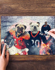 Personalized 2 pet puzzle featuring a pug and bulldog in football jerseys, being assembled on wood.