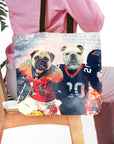 Personalized 2 pet tote bag with custom pug and bulldog portraits in football uniforms.