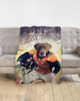 Personalized pet blanket featuring a Doggovinci portrait of a dog in a football uniform.