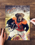 Personalized pet puzzle featuring a chocolate lab in a Denver Broncos football uniform, with "Colt" text.