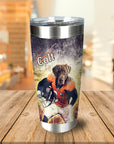 Personalized stainless steel tumbler with a custom portrait of a chocolate lab dog in a football uniform.