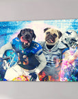 Custom canvas featuring a black lab and a pug in Detroit Lions football uniforms on a vibrant, abstract background.