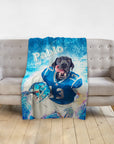 Personalized pet blanket with a black dog in a blue football uniform, named "Pablo.