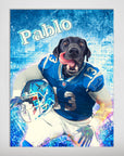 Personalized 'Detroit Doggos' pet poster featuring a black dog in a blue football uniform with "Pablo" above.