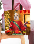 Personalized 'Dog Alone' tote bag with a bulldog pet portrait in a red sweater, holding hair dryers.