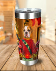 Personalized stainless steel tumbler with a bulldog in a "Dog Alone" holiday portrait.