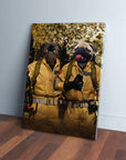 Personalized 'Dog Busters' canvas featuring two pugs in tan Ghostbusters uniforms, leaning against a white wall.