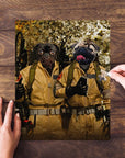 Personalized 2-pet puzzle featuring two pugs in Ghostbusters costumes on a wooden table.