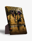 Personalized 'Dog Busters' standing canvas featuring two pugs in tan Ghostbusters uniforms with proton packs.
