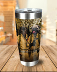 Personalized stainless steel tumbler with two pugs in "Dog Busters" costumes.
