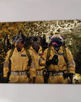 Three dogs (Rottweiler, French Bulldog, Pug) in tan Ghostbusters uniforms on a custom canvas.