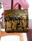 Personalized 'Dog Busters' tote bag featuring four custom pet portraits in Ghostbusters uniforms.