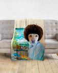 Personalized pet blanket with a Dog Ross style portrait of a dog painting a landscape.