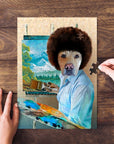 Personalized Dog Ross pet puzzle with a dog's face on a painter's body, brown afro, blue shirt, and palette.