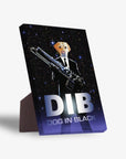 Personalized standing canvas featuring a yellow lab in a black suit holding a gun, with "DIB DOG IN BLACK" text.